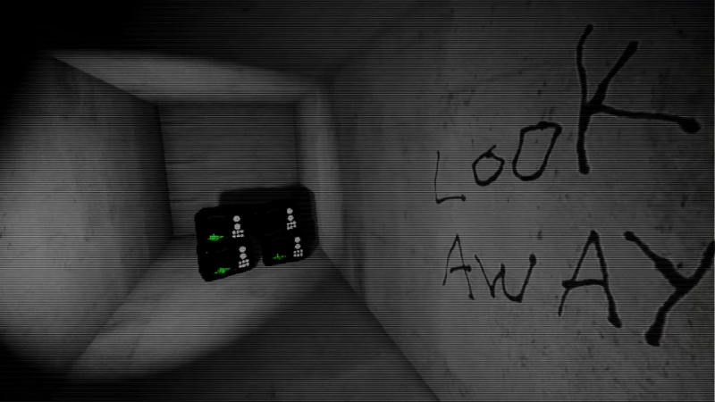 A black and white image of a dark corridor. There are monitors with green text in the distance, and the words "Look away" written on a wall.